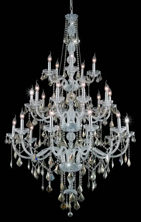 Truly a feast for the eyes, the magnificent hanging fixtures in the Verona collection unmistakably project an image of luxury and elegance. The towering cut-crystal center columns support tiers of swan-like arms that hold 25 candelabra and crystal bobéches, each arm with its own adornments of draped crystal beads, balls, rings, and pendeloques. Inspired by the gorgeous chandeliers popular with English royals in the 18th century, today's Verona fixtures are making history of their own. Available with a variety of finishes and many different types of crystal. Collection: Verona Rooms: Dining room, Living room, Bedroom, Bathroom, Entry Way, Finish: Chrome Crystal: Golden Teak (Smoky) Notes: Royal Cut Golden Teak (Smoky) Width: 43.00" Height: 68.00" Length: 43.00" Weight: 110.00 lb Chain: 60"Chrome Wire: 173" Clear Canopy: 5.31"x1.26" Number of Bulbs: 25 Maximum Wattage: 40.00 W Bulb Type: B10 Bulb Base: E12 Dimmable Voltage: 110.00 V Material: Steel and Glass Country of Origin: China Safety Listing: ETL Safety Rating: UL,ULC Title 20 Title 24 Manufacturer Warranty: 1 year limited