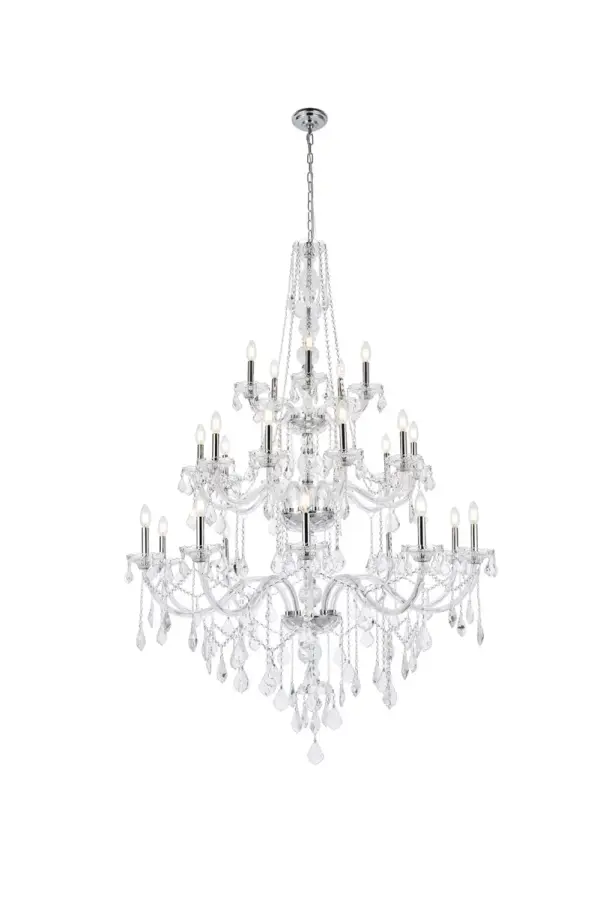 Truly a feast for the eyes, the magnificent hanging fixtures in the Verona collection unmistakably project an image of luxury and elegance. The towering cut-crystal center columns support tiers of swan-like arms that hold 25 candelabra and crystal bobéches, each arm with its own adornments of draped crystal beads, balls, rings, and pendeloques. Inspired by the gorgeous chandeliers popular with English royals in the 18th century, today's Verona fixtures are making history of their own. Available with a variety of finishes and many different types of crystal. Collection: Verona Rooms: Dining room, Living room, Bedroom, Bathroom, Entry Way, Finish: Chrome Crystal: clear Notes: Royal Cut Crystal (Clear) Width: 43.00" Height: 68.00" Length: 43.00" Weight: 110.00 lb Chain: 60"Chrome Wire: 173" Clear Canopy: 5.31"x1.26" Number of Bulbs: 25 Maximum Wattage: 40.00 W Bulb Type: B10 Bulb Base: E12 Dimmable Voltage: 110.00 V Material: Steel and Glass Country of Origin: China Safety Listing: ETL Safety Rating: UL,ULC Title 20 Title 24 Manufacturer Warranty: 1 year limited