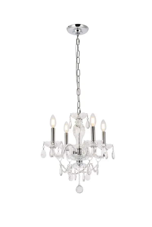 Create a signature hanging fixture in your home through the wondrous options offered in the Princeton collection. The chrome frames are highlighted with a rainbow of finishes coloring the etched-glass center column and bobéches, as well as the graceful glass-covered arms. Select from red, purple, white, black, or clear. Dangling from the delicate bobéches and curved arms are drop crystals in complementary colors of red, black, white, or clear. You can also choose a gold frame with golden-teak or clear crystals. Beneath the four to eight candelabra lights (not included) are draped strands of octagon crystals, with a Single crystal ball finishing off this elegant showpiece. The Princeton collection encourages you to use your imagination to customize a chandelier or pendant lamp that reflects your decorating style in your living room, dining room, bedroom, bathroom, or foyer. Collection: Princeton Rooms: Dining room, Living room, Bedroom, Bathroom, Entry Way, Finish: Chrome Crystal: clear Notes: Royal Cut Crystal (Clear) Width: 17.00" Height: 18.00" Length: 17.00" Weight: 9.00 lb Chain: 60"Chrome Wire: 118" Clear Canopy: 5.11"x1.26" Number of Bulbs: 4 Maximum Wattage: 40.00 W Bulb Type: B10 Bulb Base: E12 Dimmable Voltage: 110.00 V Material: Steel and Glass Country of Origin: China Safety Listing: ETL Safety Rating: UL,ULC Title 20 Title 24 Manufacturer Warranty: 1 year limited Spec Sheet