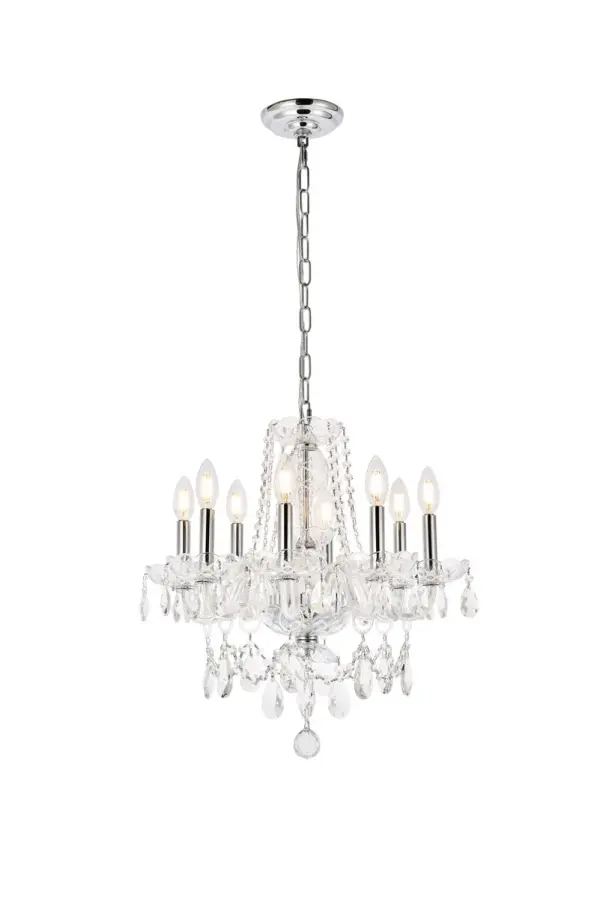 Create a signature hanging fixture in your home through the wondrous options offered in the Princeton collection. The chrome frames are highlighted with a rainbow of finishes coloring the etched-glass center column and bobéches, as well as the graceful glass-covered arms. Select from red, purple, white, black, or clear. Dangling from the delicate bobéches and curved arms are drop crystals in complementary colors of red, black, white, or clear. You can also choose a gold frame with golden-teak or clear crystals. Beneath the four to eight candelabra lights (not included) are draped strands of octagon crystals, with a Single crystal ball finishing off this elegant showpiece. The Princeton collection encourages you to use your imagination to customize a chandelier or pendant lamp that reflects your decorating style in your living room, dining room, bedroom, bathroom, or foyer. Collection: Princeton Rooms: Dining room, Living room, Bedroom, Bathroom, Entry Way, Finish: Chrome Crystal: clear Notes: Royal Cut Crystal (Clear) Width: 20.00" Height: 20.00" Length: 20.00" Weight: 14.00 lb Chain: 60"Chrome Wire: 118" Clear Canopy: 5.31"x1.26" Number of Bulbs: 8 Maximum Wattage: 40.00 W Bulb Type: B10 Bulb Base: E12 Dimmable Voltage: 110.00 V Material: Steel and Glass Country of Origin: China Safety Listing: ETL Safety Rating: UL,ULC Title 20 Title 24 Manufacturer Warranty: 1 year limited Spec Sheet