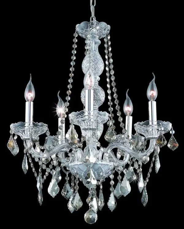 A perfect blend of elegant style and practical functionality, these fixtures in the Verona collection allow you to create an ambiance of grandeur in a relatively cozy space. The intricate cut-crystal center columns support five undulating arms that culminate in bright candelabra lights (not included) on crystal bobéches. The chandeliers also feature beautiful ornamentation which combines crystal beads, balls, rings, and pendeloques. Available with a variety of finishes and many different types of crystal. Collection: Verona Rooms: Dining room, Living room, Bedroom, Bathroom, Entry Way, Finish: Chrome Crystal: Golden Teak (Smoky) Notes: Royal Cut Golden Teak (Smoky) Width: 21.00" Height: 26.00" Length: 21.00" Weight: 13.00 lb Chain: 60"Chrome Wire: 118" Clear Canopy: 5.31"x1.26" Number of Bulbs: 5 Maximum Wattage: 40.00 W Bulb Type: B10 Bulb Base: E12 Dimmable Voltage: 110.00 V Material: Steel and Glass Country of Origin: China Safety Listing: ETL Safety Rating: UL,ULC Title 20 Title 24 Manufacturer Warranty: 1 year limited
