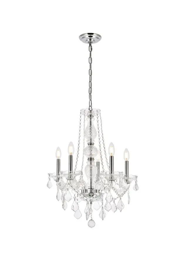A perfect blend of elegant style and practical functionality, these fixtures in the Verona collection allow you to create an ambiance of grandeur in a relatively cozy space. The intricate cut-crystal center columns support five undulating arms that culminate in bright candelabra lights (not included) on crystal bobéches. The chandeliers also feature beautiful ornamentation which combines crystal beads, balls, rings, and pendeloques. Available with a variety of finishes and many different types of crystal. Collection: Verona Rooms: Dining room, Living room, Bedroom, Bathroom, Entry Way, Finish: Chrome Crystal: clear Notes: Royal Cut Crystal (Clear) Width: 21.00" Height: 26.00" Length: 21.00" Weight: 13.00 lb Chain: 60"Chrome Wire: 118" Clear Canopy: 5.31"x1.26" Number of Bulbs: 5 Maximum Wattage: 40.00 W Bulb Type: B10 Bulb Base: E12 Dimmable Voltage: 110.00 V Material: Steel and Glass Country of Origin: China Safety Listing: ETL Safety Rating: UL,ULC Title 20 Title 24 Manufacturer Warranty: 1 year limited
