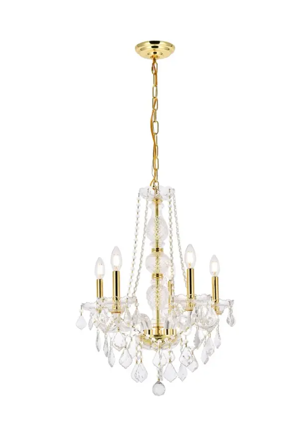 A perfect blend of elegant style and practical functionality, these fixtures in the Verona collection allow you to create an ambiance of grandeur in a relatively cozy space. The intricate cut-crystal center columns support five undulating arms that culminate in bright candelabra lights (not included) on crystal bobéches. The chandeliers also feature beautiful ornamentation which combines crystal beads, balls, rings, and pendeloques. Available with a variety of finishes and many different types of crystal. Collection: Verona Rooms: Dining room, Living room, Bedroom, Bathroom, Entry Way, Finish: Gold Crystal: clear Notes: Royal Cut Crystal (Clear) Width: 21.00" Height: 26.00" Length: 21.00" Weight: 13.00 lb Chain: 60"Gold Wire: 119" Gold Canopy: 5.31"x1.26" Number of Bulbs: 5 Maximum Wattage: 40.00 W Bulb Type: B10 Bulb Base: E12 Dimmable Voltage: 110.00 V Material: Steel and Glass Country of Origin: China Safety Listing: ETL Safety Rating: UL,ULC Title 20 Title 24 Manufacturer Warranty: 1 year limited
