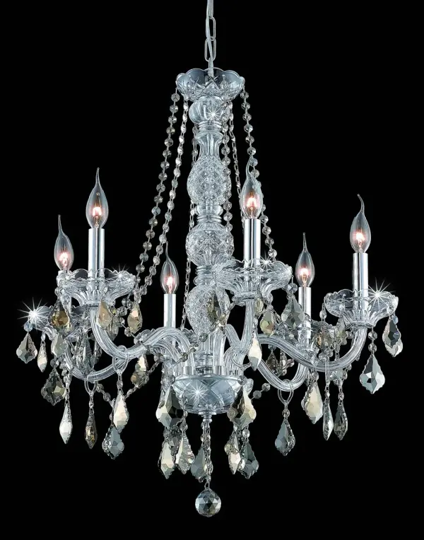 A luxurious chandelier from the Verona collection can instantly define your sophisticated style and classic taste. Six graceful arms supporting candelabra lights (not included) on crystal bobéches converge at the base of a magnificent cut-crystal center column, which is draped with strands of crystal beads. Other adornments include gorgeous crystal droplets, rings, and pendeloques. Available with a choice of finishes and types of crystal. Collection: Verona Rooms: Dining room, Living room, Bedroom, Bathroom, Entry Way, Finish: Chrome Crystal: Golden Teak (Smoky) Notes: Royal Cut Golden Teak (Smoky) Width: 24.00" Height: 28.00" Length: 24.00" Weight: 15.00 lb Chain: 60"Chrome Wire: 126" Clear Canopy: 5.31"x1.26" Number of Bulbs: 6 Maximum Wattage: 40.00 W Bulb Type: B10 Bulb Base: E12 Dimmable Voltage: 110.00 V Material: Steel and Glass Country of Origin: China Safety Listing: ETL Safety Rating: UL,ULC Title 20 Title 24 Manufacturer Warranty: 1 year limited
