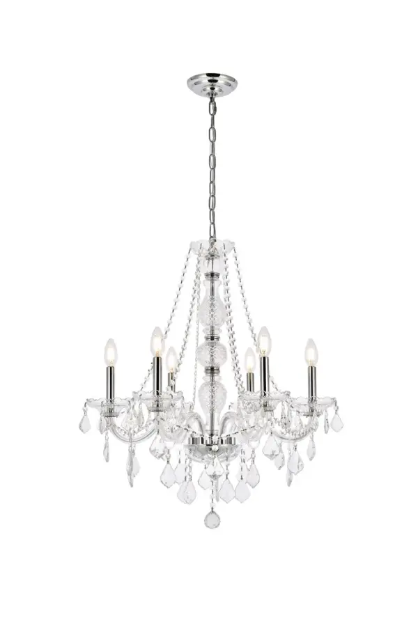 A luxurious chandelier from the Verona collection can instantly define your sophisticated style and classic taste. Six graceful arms supporting candelabra lights (not included) on crystal bobéches converge at the base of a magnificent cut-crystal center column, which is draped with strands of crystal beads. Other adornments include gorgeous crystal droplets, rings, and pendeloques. Available with a choice of finishes and types of crystal. Collection: Verona Rooms: Dining room, Living room, Bedroom, Bathroom, Entry Way, Finish: Chrome Crystal: clear Notes: Royal Cut Crystal (Clear) Width: 24.00" Height: 28.00" Length: 24.00" Weight: 15.00 lb Chain: 60"Chrome Wire: 126" Clear Canopy: 5.31"x1.26" Number of Bulbs: 6 Maximum Wattage: 40.00 W Bulb Type: B10 Bulb Base: E12 Dimmable Voltage: 110.00 V Material: Steel and Glass Country of Origin: China Safety Listing: ETL Safety Rating: UL,ULC Title 20 Title 24 Manufacturer Warranty: 1 year limited