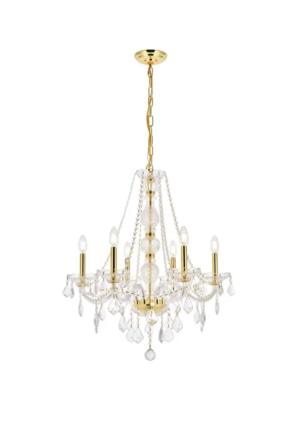 A luxurious chandelier from the Verona collection can instantly define your sophisticated style and classic taste. Six graceful arms supporting candelabra lights (not included) on crystal bobéches converge at the base of a magnificent cut-crystal center column, which is draped with strands of crystal beads. Other adornments include gorgeous crystal droplets, rings, and pendeloques. Available with a choice of finishes and types of crystal. Collection: Verona Rooms: Dining room, Living room, Bedroom, Bathroom, Entry Way, Finish: Gold Crystal: clear Notes: Royal Cut Crystal (Clear) Width: 24.00" Height: 28.00" Length: 24.00" Weight: 15.00 lb Chain: 60"Gold Wire: 126" Gold Canopy: 5.31"x1.26" Number of Bulbs: 6 Maximum Wattage: 40.00 W Bulb Type: B10 Bulb Base: E12 Dimmable Voltage: 110.00 V Material: Steel and Glass Country of Origin: China Safety Listing: ETL Safety Rating: UL,ULC Title 20 Title 24 Manufacturer Warranty: 1 year limited