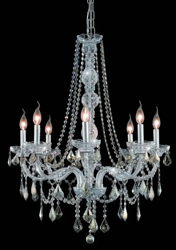 Add an updated version of Old World panache to your décor with an elegant chandelier from the Verona collection. These distinctive fixtures are highlighted by tall, intricate, cut-crystal center columns draped in shimmering cascades of crystal beads. Eight arms capped with candelabra lights (not included) on crystal bobéches complete the visual treat, which also includes festoons of diamond-like crystals, glass rings, and pendeloques. Available with a choice of finishes and types of crystal. Collection: Verona Rooms: Dining room, Living room, Bedroom, Bathroom, Entry Way, Finish: Chrome Crystal: Golden Teak (Smoky) Notes: Royal Cut Golden Teak (Smoky) Width: 28.00" Height: 34.00" Length: 28.00" Weight: 21.00 lb Chain: 60"Chrome Wire: 173" Clear Canopy: 5.31"x1.26" Number of Bulbs: 8 Maximum Wattage: 40.00 W Bulb Type: B10 Bulb Base: E12 Dimmable Voltage: 110.00 V Material: Steel and Glass Country of Origin: China Safety Listing: ETL Safety Rating: UL,ULC Title 20 Title 24 Manufacturer Warranty: 1 year limited
