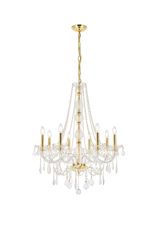 Add an updated version of Old World panache to your décor with an elegant chandelier from the Verona collection. These distinctive fixtures are highlighted by tall, intricate, cut-crystal center columns draped in shimmering cascades of crystal beads. Eight arms capped with candelabra lights (not included) on crystal bobéches complete the visual treat, which also includes festoons of diamond-like crystals, glass rings, and pendeloques. Available with a choice of finishes and types of crystal. Collection: Verona Rooms: Dining room, Living room, Bedroom, Bathroom, Entry Way, Finish: Gold Crystal: clear Notes: Royal Cut Crystal (Clear) Width: 28.00" Height: 34.00" Length: 28.00" Weight: 21.00 lb Chain: 60"Gold Wire: 173" Gold Canopy: 5.31"x1.26" Number of Bulbs: 8 Maximum Wattage: 40.00 W Bulb Type: B10 Bulb Base: E12 Dimmable Voltage: 110.00 V Material: Steel and Glass Country of Origin: China Safety Listing: ETL Safety Rating: UL,ULC Title 20 Title 24 Manufacturer Warranty: 1 year limited