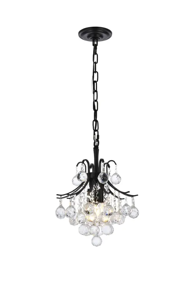A treasure trove of glittering crystals, Toureg collection pendant lamps are generous with their sparkle. Stately curved steel arms and frame form an opulent flared shape available in black, chrome or gold finishes. Faceted clear crystal balls and crystal octagons offer a variety of options to choose from. Certain to be the center of attention in the dining room, living room, bedroom, or stairwell. Collection: Toureg Rooms: Dining room, Living room, Bedroom, Bathroom, Entry Way, Finish: Black and Clear Crystal: Clear Width: 12.00" Height: 16.00" Length: 12.00" Weight: 17.00 lb Chain: 60"Black Wire: 144" Black Canopy: 5.3"x1.2" Number of Bulbs: 3 Maximum Wattage: 40.00 W Bulb Type: E12 Bulb Base: E12 Dimmable Voltage: 110.00 V Material: Metal and Crystal Country of Origin: China Safety Listing: ETL Safety Rating: Damp Title 20 Title 24 Manufacturer Warranty: 1 year limited Spec Sheet