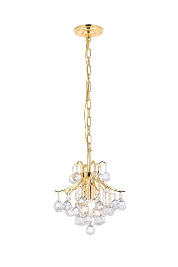 A treasure trove of glittering crystals, Toureg collection pendant lamps are generous with their sparkle. Stately curved steel arms and frame form an opulent flared shape available in chrome or gold finishes. Faceted clear crystal balls and crystal octagons offer a variety of options to choose from. Certain to be the center of attention in the dining room, living room, bedroom, or stairwell. Collection: Toureg Rooms: Dining room, Living room, Bedroom, Bathroom, Entry Way, Finish: Gold Crystal: clear Notes: Royal Cut Crystal (Clear) Width: 12.00" Height: 12.00" Length: 12.00" Weight: 17.00 lb Chain: 60"Gold Wire: 141.73" Gold Canopy: 5.3"x1" Number of Bulbs: 3 Maximum Wattage: 40.00 W Bulb Type: B10 Bulb Base: E12 Dimmable Voltage: 110.00 V Material: Steel Country of Origin: China Safety Listing: ETL Safety Rating: UL,ULC Title 20 Title 24 Manufacturer Warranty: 1 year limited