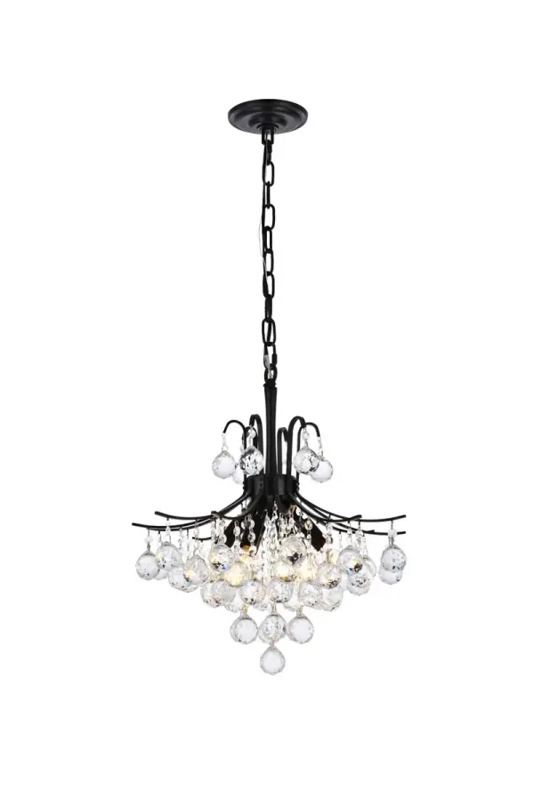 A treasure trove of glittering crystals, Toureg collection pendant lamps are generous with their sparkle. Stately curved steel arms and frame form an opulent flared shape available in black, chrome or gold finishes. Faceted clear crystal balls and crystal octagons offer a variety of options to choose from. Certain to be the center of attention in the dining room, living room, bedroom, or stairwell. Collection: Toureg Rooms: Dining room, Living room, Bedroom, Bathroom, Entry Way, Finish: Black and Clear Crystal: Clear Width: 16.00" Height: 18.00" Length: 16.00" Weight: 21.00 lb Chain: 60"Black Wire: 144" Black Canopy: 5.3"x1.2" Number of Bulbs: 6 Maximum Wattage: 40.00 W Bulb Type: E12 Bulb Base: E12 Dimmable Voltage: 110.00 V Material: Metal and Crystal Country of Origin: China Safety Listing: ETL Safety Rating: Damp Title 20 Title 24 Manufacturer Warranty: 1 year limited Spec Sheet