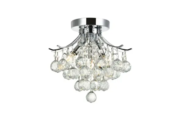 A blaze of radiance, Toureg collection flush mounts gleam with a shower of brilliant crystals. Elegant curved arms radiate from a steel frame available in chrome or gold finishes. A choice of clear crystal octagons and faceted crystal balls make it a dazzling choice for a kitchen, dining room, or bedroom. Collection: Toureg Rooms: Dining room, Living room, Bedroom, Bathroom, Entry Way, Closet Finish: Chrome Crystal: clear Notes: Royal Cut Crystal (Clear) Width: 12.00" Height: 12.00" Length: 12.00" Weight: 17.00 lb Wire: 11.81" Canopy: 5.9"x0.98" Number of Bulbs: 3 Maximum Wattage: 40.00 W Bulb Type: B10 Bulb Base: E12 Dimmable Voltage: 110.00 V Material: Steel Country of Origin: China Safety Listing: ETL Safety Rating: UL,ULC Manufacturer Warranty: 1 year limited