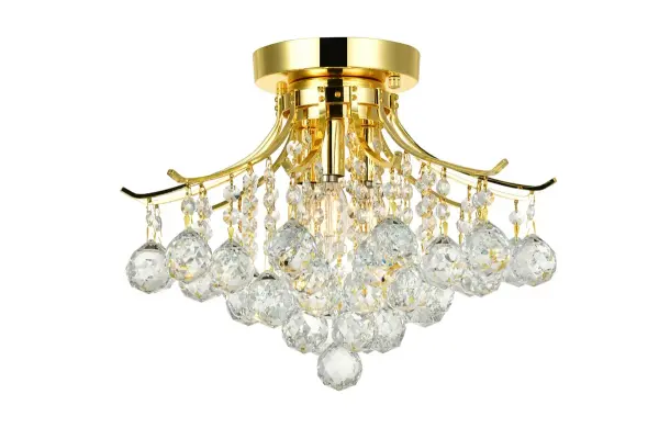 A blaze of radiance, Toureg collection flush mounts gleam with a shower of brilliant crystals. Elegant curved arms radiate from a steel frame available in chrome or gold finishes. A choice of clear crystal octagons and faceted crystal balls make it a dazzling choice for a kitchen, dining room, or bedroom. Collection: Toureg Rooms: Dining room, Living room, Bedroom, Bathroom, Entry Way, Closet Finish: Gold Crystal: clear Notes: Royal Cut Crystal (Clear) Width: 16.00" Height: 12.00" Length: 16.00" Weight: 17.00 lb Wire: 11.81" Canopy: 5.9"x0.98" Number of Bulbs: 3 Maximum Wattage: 40.00 W Bulb Type: B10 Bulb Base: E12 Dimmable Voltage: 110.00 V Material: Steel Country of Origin: China Safety Listing: ETL Safety Rating: UL,ULC Manufacturer Warranty: 1 year limited