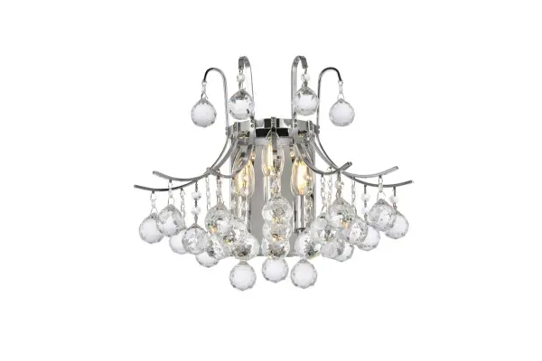 Jewelry for your walls, Toureg collection wall sconces bring the bling. Graceful steel arms curve from a steel frame and backplate available in chrome or gold finishes. Clear faceted crystal balls and a range of crystal octagon options dangle from every surface. The flawless adornment for a hallway, dining room, or living room. Collection: Toureg Rooms: Hallway, Living room, Bedroom, Bathroom, Entry Way, Finish: Chrome Crystal: clear Notes: Royal Cut Crystal (Clear) Width: 9.50" Height: 14.00" Length: 16.00" Weight: 5.00 lb Extension from Wall: 9.50" Wire: 11.81" Canopy: 7.87``x5.11``x0.98`` Number of Bulbs: 3 Maximum Wattage: 40.00 W Bulb Type: B10 Bulb Base: E12 Dimmable Voltage: 110.00 V Material: Steel Country of Origin: China Safety Listing: ETL Safety Rating: Damp Title 20 Title 24 Manufacturer Warranty: 1 year limited