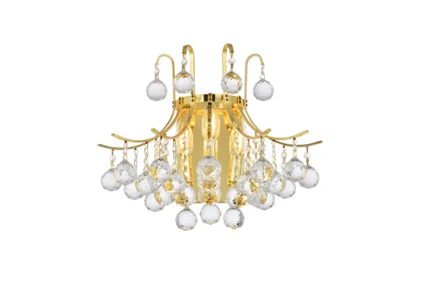 Jewelry for your walls, Toureg collection wall sconces bring the bling. Graceful steel arms curve from a steel frame and backplate available in chrome or gold finishes. Clear faceted crystal balls and a range of crystal octagon options dangle from every surface. The flawless adornment for a hallway, dining room, or living room. Collection: Toureg Rooms: Hallway, Living room, Bedroom, Bathroom, Entry Way, Finish: Gold Crystal: clear Notes: Royal Cut Crystal (Clear) Width: 9.50" Height: 14.00" Length: 16.00" Weight: 5.00 lb Extension from Wall: 9.50" Wire: 11.81" Canopy: 7.87``x5.11``x0.98`` Number of Bulbs: 3 Maximum Wattage: 40.00 W Bulb Type: B10 Bulb Base: E12 Dimmable Voltage: 110.00 V Material: Steel Country of Origin: China Safety Listing: ETL Safety Rating: Damp Title 20 Title 24 Manufacturer Warranty: 1 year limited