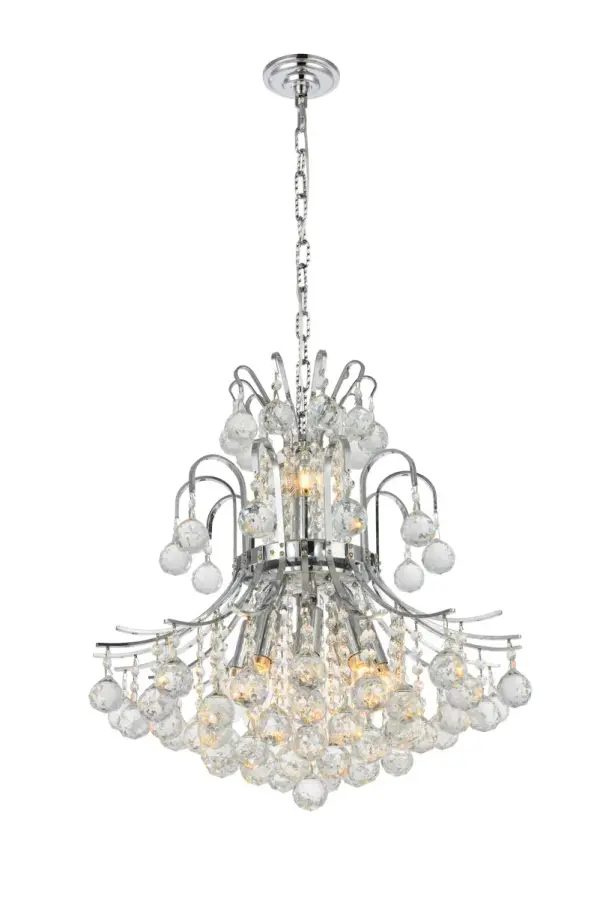 A treasure trove of glittering crystals, Toureg collection pendant lamps are generous with their sparkle. Stately curved steel arms and frame form an opulent flared shape available in chrome or gold finishes. Faceted clear crystal balls and crystal octagons offer a variety of options to choose from. Certain to be the center of attention in the dining room, living room, bedroom, or stairwell. Collection: Toureg Rooms: Dining room, Living room, Bedroom, Bathroom, Entry Way, Finish: Chrome Crystal: clear Notes: Royal Cut Crystal (Clear) Width: 19.00" Height: 23.00" Length: 19.00" Weight: 30.00 lb Chain: 60"Chrome Wire: 141.73" Clear Canopy: 5.3"x1" Number of Bulbs: 10 Maximum Wattage: 40.00 W Bulb Type: B10 Bulb Base: E12 Dimmable Voltage: 110.00 V Material: Steel Country of Origin: China Safety Listing: ETL Safety Rating: UL,ULC Title 20 Title 24 Manufacturer Warranty: 1 year limited