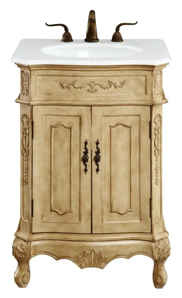 Dimensions
Length: 24"
Width: 21"
Height: 36"
Counter Top Length: 24"
Counter Top Width: 21"
Counter Top Height: 0.75"
Sink Width: 16"
Sink Depth: 13"
Sink Height: 7"
Sink Drain Hole Size: 1.75"
Faucet Hole Spacing: 8"3 Holes"
Specifications
Assembly Required: no
Base Material: Solid wood and MDF
Counter Top Edge Style: Ogee
Counter Top Finish: Ivory white
Distressed Finish: Yes
Finish (Color): Antique Beige
Fixture Material: Solid Wood and MDF
Hardware Finish: Antique bronze
Harware Material: Aluminum alloy
Number of Faucet Holes: 3
Number of Sinks: 1
Product Shape: Rectangle
Product Type: Bathroom Vanities
Product Warranty: 1 year limited
Sink Mounting Type: Undermount
Vanity Backsplash: NO
Vanity Mounting Type: Free-Standing
Weight: 86
Wire Included: No
Wood Type: birch
Shipment type: Oversized Ground
US Shipping Cost: $128.00
Shelves
Number of Shelves: 1
Shelf Width: 16.75
Cabinets
Number of Cabinets: 1
Cabinet Interior Width: 16.75
Cabinet Interior Depth: 17
Cabinet Interior Height: 19.75