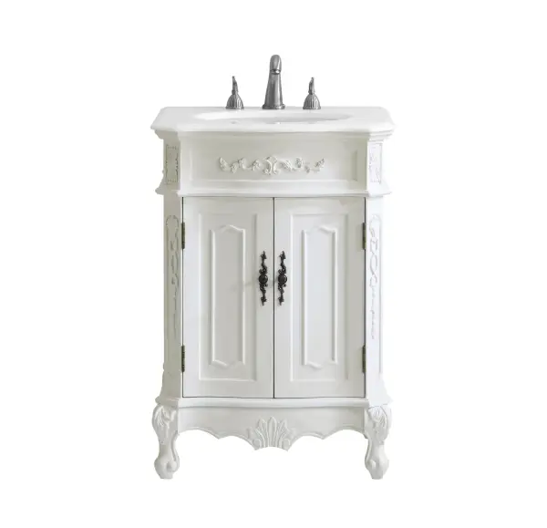 Dimensions
Length: 24"
Width: 21"
Height: 36"
Counter Top Length: 24"
Counter Top Width: 21"
Counter Top Height: 0.75"
Sink Width: 16"
Sink Depth: 13"
Sink Height: 7"
Sink Drain Hole Size: 1.75"
Faucet Hole Spacing: 8"3 Holes"
Specifications
Assembly Required: no
Base Material: Solid wood and MDF
Counter Top Edge Style: Ogee
Counter Top Finish: Ivory white
Distressed Finish: Yes
Finish (Color): Antique White
Fixture Material: Solid Wood and MDF
Hardware Finish: Antique bronze
Harware Material: Aluminum alloy
Number of Faucet Holes: 3
Number of Sinks: 1
Product Shape: Rectangle
Product Type: Bathroom Vanities
Product Warranty: 1 year limited
Sink Mounting Type: Undermount
Vanity Backsplash: NO
Vanity Mounting Type: Free-Standing
Weight: 86
Wire Included: No
Wood Type: birch
Shipment type: Oversized Ground
US Shipping Cost: $128.00
Shelves
Number of Shelves: 1
Shelf Width: 16.75
Cabinets
Number of Cabinets: 1
Cabinet Interior Width: 16.75
Cabinet Interior Depth: 17
Cabinet Interior Height: 19.75