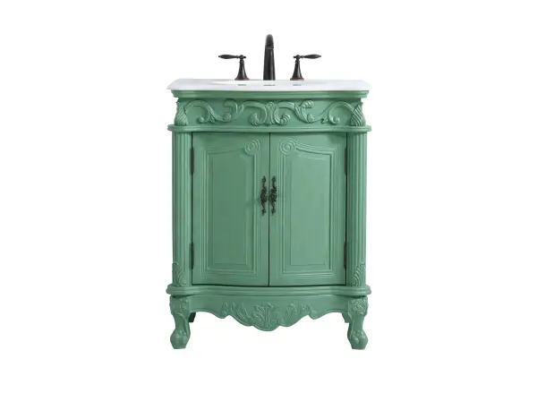 Dimensions
Length: 27"
Width: 21"
Height: 35"
Counter Top Length: 27"
Counter Top Width: 21"
Counter Top Height: 0.75"
Sink Width: 16"
Sink Depth: 13"
Sink Height: 7"
Sink Drain Hole Size: 1.75"
Faucet Hole Spacing: 8"3 Holes"
Specifications
Assembly Required: no
Base Material: Solid wood and MDF
Counter Top Edge Style: Ogee
Counter Top Finish: Ivory white
Distressed Finish: Yes
Finish (Color): Vintage Mint
Fixture Material: Solid Wood and MDF
Hardware Finish: Antique bronze
Harware Material: Aluminum alloy
Number of Faucet Holes: 3
Number of Sinks: 1
Product Shape: Rectangle
Product Type: Bathroom Vanities
Product Warranty: 1 year limited
Sink Mounting Type: Undermount
Vanity Backsplash: NO
Vanity Mounting Type: Free-Standing
Weight: 106
Wire Included: No
Wood Type: birch
LTL
US Shipping Cost: $142.00
Shelves
Number of Shelves: 1
Shelf Width: 20.5
Cabinets
Number of Cabinets: 1
Cabinet Interior Width: 20.5
Cabinet Interior Depth: 16
Cabinet Interior Height: 20.5