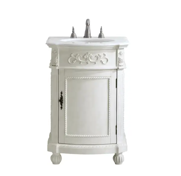 Dimensions
Length: 24"
Width: 22"
Height: 36"
Counter Top Length: 24"
Counter Top Width: 22"
Counter Top Height: 0.75"
Sink Width: 16"
Sink Depth: 13"
Sink Height: 7"
Sink Drain Hole Size: 1.75"
Faucet Hole Spacing: 8"3 Holes"
Specifications
Assembly Required: no
Base Material: Solid wood and MDF
Counter Top Edge Style: Ogee
Counter Top Finish: Ivory white
Distressed Finish: Yes
Finish (Color): Antique White
Fixture Material: Solid Wood and MDF
Hardware Finish: Antique bronze
Harware Material: Aluminum alloy
Number of Faucet Holes: 3
Number of Sinks: 1
Product Shape: Rectangle
Product Type: Bathroom Vanities
Product Warranty: 1 year limited
Sink Mounting Type: Undermount
Vanity Backsplash: NO
Vanity Mounting Type: Free-Standing
Weight: 95
Wire Included: No
Wood Type: birch
Shipment type: Oversized Ground
US Shipping Cost: $126.00
Shelves
Number of Shelves: 1
Shelf Width: 17.25
Cabinets
Number of Cabinets: 1
Cabinet Interior Width: 17.25
Cabinet Interior Depth: 15.75
Cabinet Interior Height: 20