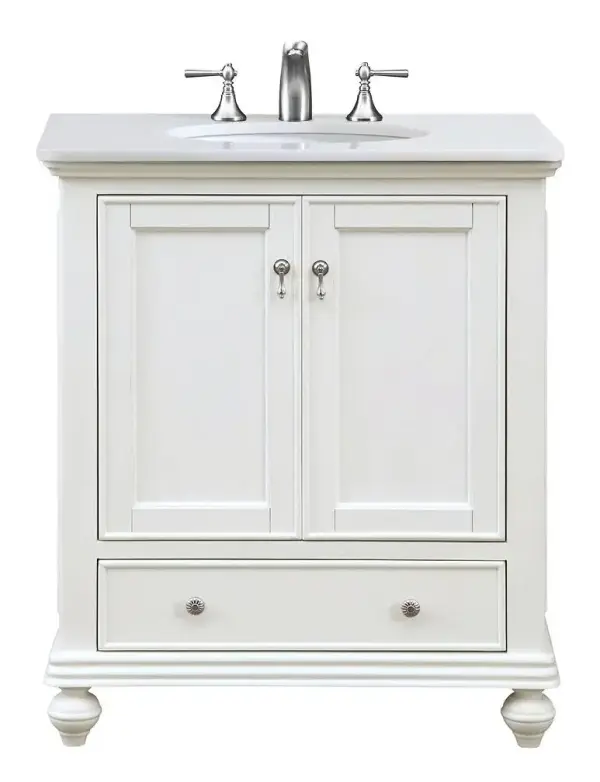 Dimensions
Length: 30"
Width: 21"
Height: 35"
Counter Top Length: 30"
Counter Top Width: 21"
Counter Top Height: 0.75"
Sink Width: 15.38"
Sink Depth: 12.25"
Sink Height: 7"
Sink Drain Hole Size: 1.75"
Faucet Hole Spacing: 8"3 Holes"
Specifications
Assembly Required: YES
Base Material: Solid wood and MDF
Counter Top Edge Style: straight
Counter Top Finish: Ivory white
Distressed Finish: Yes
Finish (Color): Antique White
Fixture Material: Solid Wood and MDF
Hardware Finish: Brushed nickel
Harware Material: Aluminum alloy
Number of Faucet Holes: 3
Number of Sinks: 1
Product Shape: Rectangle
Product Type: Bathroom Vanities
Product Warranty: 1 year limited
Sink Mounting Type: Undermount
Vanity Backsplash: NO
Vanity Mounting Type: Free-Standing
Weight: 112
Wire Included: No
Wood Type: birch
LTL
US Shipping Cost: $142.00
Drawers
Drawers Included: yes
Number of Drawers: 1
Drawer Width: 22.86
Drawer Depth: 14.25
Drawer Height: 5.13
Drawer Handle Designs: knobs
Shelves
Number of Shelves: 1
Shelf Width: 23
Cabinets
Number of Cabinets: 1
Cabinet Interior Width: 23
Cabinet Interior Depth: 18.125
Cabinet Interior Height: 20.125