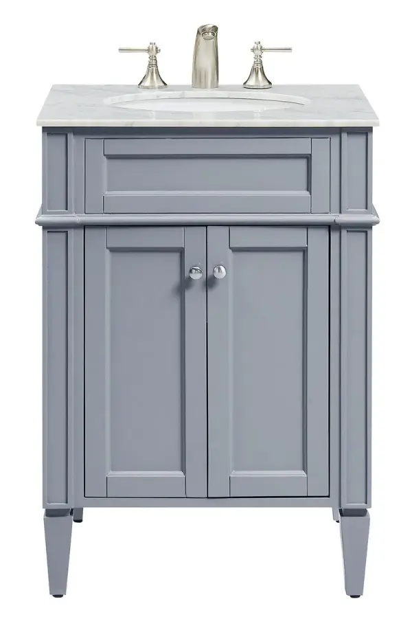 The Park Ave vanity combines solid wood construction with a modern grey finish, ideal for powder rooms and guest baths. Its 24-inch width maximizes storage in tight spaces while maintaining quality craftsmanship.