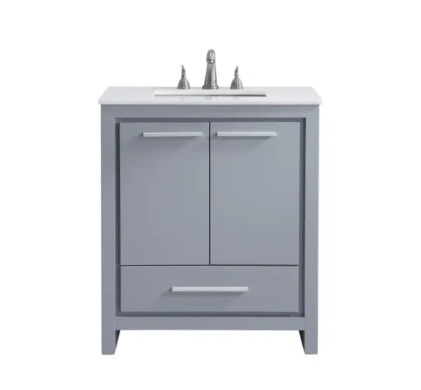 Dimensions
Length: 30"
Width: 21"
Height: 35"
Counter Top Length: 30"
Counter Top Width: 21"
Counter Top Height: 0.75"
Sink Width: 15.35"
Sink Depth: 10.25"
Sink Height: 7"
Sink Drain Hole Size: 1.75"
Faucet Hole Spacing: 8"3 Holes"
Specifications
Assembly Required: no
Base Material: Solid wood and MDF
Counter Top Edge Style: straight
Counter Top Finish: Ivory white
Distressed Finish: NO
Finish (Color): Grey
Fixture Material: Solid Wood and MDF
Hardware Finish: Brushed nickel
Harware Material: Aluminum alloy
Number of Faucet Holes: 3
Number of Sinks: 1
Product Shape: Rectangle
Product Type: Bathroom Vanities
Product Warranty: 1 year limited
Sink Mounting Type: Undermount
Vanity Backsplash: NO
Vanity Mounting Type: Free-Standing
Weight: 104
Wire Included: No
Wood Type: birch
LTL
US Shipping Cost: $142.00
Drawers
Drawers Included: yes
Number of Drawers: 1
Drawer Width: 17.5
Drawer Depth: 12.25
Drawer Height: 6.5
Drawer Handle Designs: knobs
Cabinets
Number of Cabinets: 1
Cabinet Interior Width: 24.25
Cabinet Interior Depth: 14.25
Cabinet Interior Height: 19