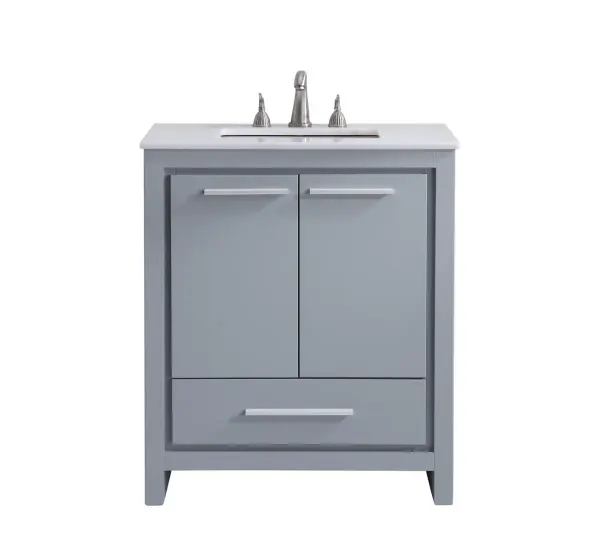The Filipo vanity brings Italian modernist design to smaller bathrooms with its streamlined grey finish and space-efficient 30-inch width. Clean lines and contemporary styling make it ideal for modern powder rooms and guest baths.