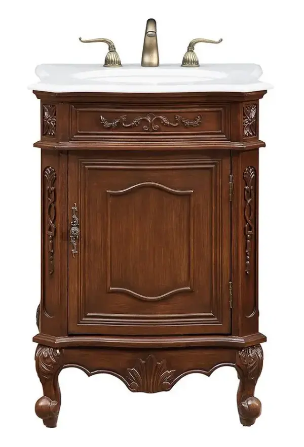 Dimensions
Length: 24"
Width: 21.75"
Height: 34"
Counter Top Length: 24"
Counter Top Width: 21.75"
Counter Top Height: 0.75"
Sink Width: 15.38"
Sink Depth: 12.38"
Sink Height: 7"
Sink Drain Hole Size: 1.75"
Faucet Hole Spacing: 8"3 Holes"
Specifications
Assembly Required: no
Base Material: Solid wood and MDF
Counter Top Edge Style: Ogee
Counter Top Finish: Ivory white
Distressed Finish: Yes
Finish (Color): Brown
Fixture Material: Solid Wood and MDF
Hardware Finish: Antique bronze
Harware Material: Aluminum alloy
Number of Faucet Holes: 3
Number of Sinks: 1
Product Shape: Rectangle
Product Type: Bathroom Vanities
Product Warranty: 1 year limited
Sink Mounting Type: Undermount
Vanity Backsplash: NO
Vanity Mounting Type: Free-Standing
Weight: 92
Wire Included: No
Wood Type: birch
Shipment type: Oversized Ground
US Shipping Cost: $128.00
Shelves
Number of Shelves: 1
Shelf Width: 16.75
Cabinets
Number of Cabinets: 1
Cabinet Interior Width: 16.75
Cabinet Interior Depth: 16
Cabinet Interior Height: 17.75