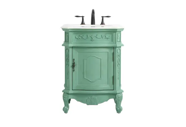 Dimensions
Length: 24"
Width: 21.75"
Height: 34"
Counter Top Length: 24"
Counter Top Width: 21.75"
Counter Top Height: 0.75"
Sink Width: 15.38"
Sink Depth: 12.38"
Sink Height: 7"
Sink Drain Hole Size: 1.75"
Faucet Hole Spacing: 8"3 Holes"
Specifications
Assembly Required: no
Base Material: Solid wood and MDF
Counter Top Edge Style: Ogee
Counter Top Finish: Ivory white
Distressed Finish: Yes
Finish (Color): Vintage Mint
Fixture Material: Solid Wood and MDF
Hardware Finish: Antique bronze
Harware Material: Aluminum alloy
Number of Faucet Holes: 3
Number of Sinks: 1
Product Shape: Rectangle
Product Type: Bathroom Vanities
Product Warranty: 1 year limited
Sink Mounting Type: Undermount
Vanity Backsplash: NO
Vanity Mounting Type: Free-Standing
Weight: 92
Wire Included: No
Wood Type: birch
Shipment type: Oversized Ground
US Shipping Cost: $128.00
Shelves
Number of Shelves: 1
Shelf Width: 16.75
Cabinets
Number of Cabinets: 1
Cabinet Interior Width: 16.75
Cabinet Interior Depth: 16
Cabinet Interior Height: 17.75