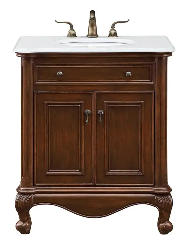 Dimensions
Length: 30"
Width: 22"
Height: 35"
Counter Top Length: 30"
Counter Top Width: 21"
Counter Top Height: 0.75"
Sink Width: 15.38"
Sink Depth: 12.25"
Sink Height: 7"
Sink Drain Hole Size: 1.75"
Faucet Hole Spacing: 8"3 Holes"
Specifications
Assembly Required: no
Base Material: Solid wood and MDF
Counter Top Edge Style: Ogee
Counter Top Finish: Ivory white
Distressed Finish: Yes
Finish (Color): Brown
Fixture Material: Solid Wood and MDF
Hardware Finish: Antique bronze
Harware Material: Aluminum alloy
Number of Faucet Holes: 3
Number of Sinks: 1
Product Shape: Rectangle
Product Type: Bathroom Vanities
Product Warranty: 1 year limited
Sink Mounting Type: Undermount
Vanity Backsplash: NO
Vanity Mounting Type: Free-Standing
Weight: 123
Wire Included: No
Wood Type: birch
LTL
US Shipping Cost: $150.00
Drawers
Drawers Included: yes
Number of Drawers: 1
False Drawers: yes
Drawer Width: 13
Drawer Depth: 15
Drawer Height: 5.25
Drawer Handle Designs: knobs
Cabinets
Number of Cabinets: 1
Cabinet Interior Width: 22.25
Cabinet Interior Depth: 19
Cabinet Interior Height: 17.75