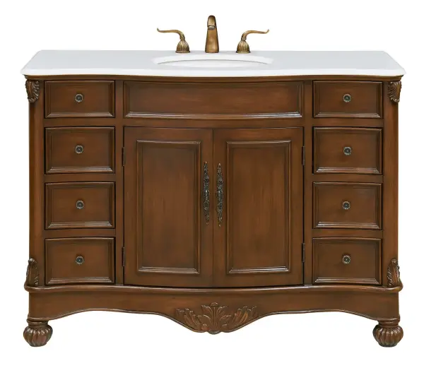 Dimensions
Length: 48"
Width: 21.5"
Height: 35"
Counter Top Length: 48"
Counter Top Width: 21.5"
Counter Top Height: 0.75"
Sink Width: 15.5"
Sink Depth: 12.25"
Sink Height: 7"
Sink Drain Hole Size: 1.75"
Faucet Hole Spacing: 8"3 Holes"
Specifications
Assembly Required: no
Base Material: Solid wood and MDF
Counter Top Edge Style: Ogee
Counter Top Finish: Ivory white
Distressed Finish: Yes
Finish (Color): Brown
Fixture Material: Solid Wood and MDF
Hardware Finish: Antique bronze
Harware Material: Aluminum alloy
Number of Faucet Holes: 3
Number of Sinks: 1
Product Shape: Rectangle
Product Type: Bathroom Vanities
Product Warranty: 1 year limited
Sink Mounting Type: Undermount
Vanity Backsplash: NO
Vanity Mounting Type: Free-Standing
Weight: 198
Wire Included: No
Wood Type: birch
Shipment type: LTL
US Shipping Cost: $218.00
Drawers
Drawers Included: yes
Number of Drawers: 6
False Drawers: YES
Drawer Width: 9
Drawer Depth: 14.5
Drawer Height: 5.5
Drawer Handle Designs: knobs
Shelves
Number of Shelves: 1
Shelf Width: 21.75
Cabinets
Number of Cabinets: 1
Cabinet Interior Width: 21.75
Cabinet Interior Depth: 17
Cabinet Interior Height: 19.75