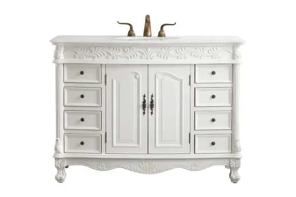 Dimensions
Length: 48"
Width: 22"
Height: 36"
Counter Top Length: 48"
Counter Top Width: 22"
Counter Top Height: 0.75"
Sink Width: 16"
Sink Depth: 13"
Sink Height: 7"
Sink Drain Hole Size: 1.75"
Faucet Hole Spacing: 8"3 Holes"
Specifications
Assembly Required: no
Base Material: Solid wood and MDF
Counter Top Edge Style: Ogee
Counter Top Finish: Ivory white
Distressed Finish: Yes
Finish (Color): Antique White
Fixture Material: Solid Wood and MDF
Hardware Finish: Antique bronze
Harware Material: Aluminum alloy
Number of Faucet Holes: 3
Number of Sinks: 1
Product Shape: Rectangle
Product Type: Bathroom Vanities
Product Warranty: 1 year limited
Sink Mounting Type: Undermount
Vanity Backsplash: NO
Vanity Mounting Type: Free-Standing
Weight: 205
Wire Included: No
Wood Type: birch
Shipment type: LTL
US Shipping Cost: $218.00
Drawers
Drawers Included: yes
Number of Drawers: 8
Drawer Width: 9.5
Drawer Depth: 15.125
Drawer Height: 4.875
Drawer Handle Designs: knobs
Shelves
Number of Shelves: 1
Shelf Width: 22.25
Cabinets
Number of Cabinets: 1
Cabinet Interior Width: 22.25
Cabinet Interior Depth: 16
Cabinet Interior Height: 21.5