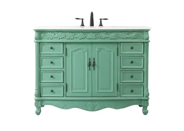 Dimensions
Length: 48"
Width: 22"
Height: 36"
Counter Top Length: 48"
Counter Top Width: 22"
Counter Top Height: 0.75"
Sink Width: 16"
Sink Depth: 13"
Sink Height: 7"
Sink Drain Hole Size: 1.75"
Faucet Hole Spacing: 8"3 Holes"
Specifications
Assembly Required: no
Base Material: Solid wood and MDF
Counter Top Edge Style: Ogee
Counter Top Finish: Ivory white
Distressed Finish: Yes
Finish (Color): Vintage Mint
Fixture Material: Solid Wood and MDF
Hardware Finish: Antique bronze
Harware Material: Aluminum alloy
Number of Faucet Holes: 3
Number of Sinks: 1
Product Shape: Rectangle
Product Type: Bathroom Vanities
Product Warranty: 1 year limited
Sink Mounting Type: Undermount
Vanity Backsplash: NO
Vanity Mounting Type: Free-Standing
Weight: 205
Wire Included: No
Wood Type: birch
Shipment type: LTL
US Shipping Cost: $218.00
Drawers
Drawers Included: yes
Number of Drawers: 8
Drawer Width: 9.5
Drawer Depth: 15.125
Drawer Height: 4.875
Drawer Handle Designs: knobs
Shelves
Number of Shelves: 1
Shelf Width: 22.25
Cabinets
Number of Cabinets: 1
Cabinet Interior Width: 22.25
Cabinet Interior Depth: 16
Cabinet Interior Height: 21.5