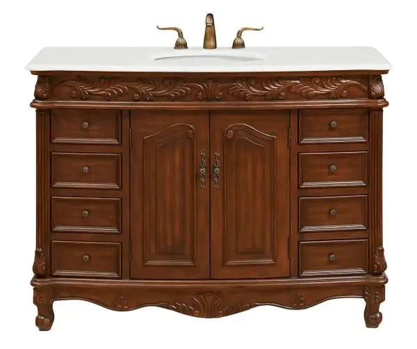 Dimensions
Length: 48"
Width: 22"
Height: 36"
Counter Top Length: 48"
Counter Top Width: 22"
Counter Top Height: 0.75"
Sink Width: 16"
Sink Depth: 13"
Sink Height: 7"
Sink Drain Hole Size: 1.75"
Faucet Hole Spacing: 8"3 Holes"
Specifications
Assembly Required: no
Base Material: Solid wood and MDF
Counter Top Edge Style: Ogee
Counter Top Finish: Ivory white
Distressed Finish: Yes
Finish (Color): Brown
Fixture Material: Solid Wood and MDF
Hardware Finish: Antique bronze
Harware Material: Aluminum alloy
Number of Faucet Holes: 3
Number of Sinks: 1
Product Shape: Rectangle
Product Type: Bathroom Vanities
Product Warranty: 1 year limited
Sink Mounting Type: Undermount
Vanity Backsplash: NO
Vanity Mounting Type: Free-Standing
Weight: 205
Wire Included: No
Wood Type: birch
Shipment type: LTL
US Shipping Cost: $218.00
Drawers
Drawers Included: yes
Number of Drawers: 8
Drawer Width: 9.5
Drawer Depth: 15.125
Drawer Height: 4.875
Drawer Handle Designs: knobs
Shelves
Number of Shelves: 1
Shelf Width: 22.25
Cabinets
Number of Cabinets: 1
Cabinet Interior Width: 22.25
Cabinet Interior Depth: 16
Cabinet Interior Height: 21.5
