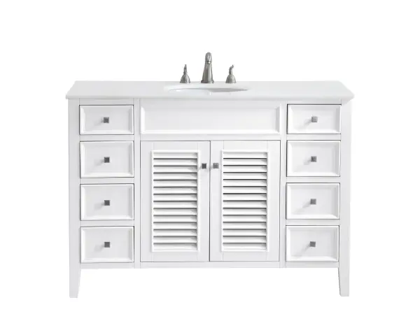 Dimensions
Length: 48"
Width: 21"
Height: 35"
Counter Top Length: 48"
Counter Top Width: 21"
Counter Top Height: 0.75"
Sink Width: 15.38"
Sink Depth: 12.25"
Sink Height: 7"
Sink Drain Hole Size: 1.75"
Faucet Hole Spacing: 8"3 Holes"
Specifications
Assembly Required: no
Base Material: Solid wood and MDF
Counter Top Edge Style: straight
Counter Top Finish: Ivory white
Distressed Finish: Yes
Finish (Color): Antique White
Fixture Material: Solid Wood and MDF
Hardware Finish: Brushed nickel
Harware Material: Aluminum alloy
Number of Faucet Holes: 3
Number of Sinks: 1
Product Shape: Rectangle
Product Type: Bathroom Vanities
Product Warranty: 1 year limited
Sink Mounting Type: Undermount
Vanity Backsplash: NO
Vanity Mounting Type: Free-Standing
Weight: 194
Wire Included: No
Wood Type: birch
Shipment type: LTL
US Shipping Cost: $218.00
Drawers
Drawers Included: yes
Number of Drawers: 8
Drawer Width: Dw1:8.75 Dw2:8.75
Drawer Depth: Dw1:14.25 Dw2:14.25
Drawer Height: Dw1:4.75 Dw2: 7
Drawer Handle Designs: knobs
Shelves
Number of Shelves: 1
Shelf Width: 23.75
Cabinets
Number of Cabinets: 1
Cabinet Interior Width: 23.75
Cabinet Interior Depth: 14.25
Cabinet Interior Height: 21