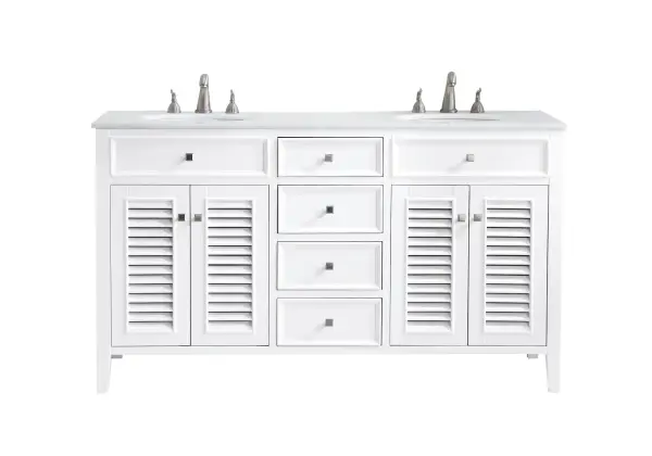 Dimensions
Length: 60"
Width: 21"
Height: 35"
Counter Top Length: 60"
Counter Top Width: 21"
Counter Top Height: 0.75"
Sink Width: 15.38"
Sink Depth: 12.25"
Sink Height: 7"
Sink Drain Hole Size: 1.75"
Faucet Hole Spacing: 8"3 Holes"
Specifications
Assembly Required: no
Base Material: Solid wood and MDF
Counter Top Edge Style: straight
Counter Top Finish: Ivory white
Distressed Finish: Yes
Finish (Color): Antique White
Fixture Material: Solid Wood and MDF
Hardware Finish: Brushed nickel
Harware Material: Aluminum alloy
Number of Faucet Holes: 6
Number of Sinks: 2
Product Shape: Rectangle
Product Type: Bathroom Vanities
Product Warranty: 1 year limited
Sink Mounting Type: Undermount
Vanity Backsplash: NO
Vanity Mounting Type: Free-Standing
Weight: 196
Wire Included: No
Wood Type: birch
Shipment type: LTL
US Shipping Cost: $268.00
Drawers
Drawers Included: yes
Number of Drawers: 4
Drawer Width: Dw1:8.75 Dw2:8.75
Drawer Depth: Dw1:14.25 Dw2:14.25
Drawer Height: Dw1:4.75 Dw2: 7
Drawer Handle Designs: knobs
Shelves
Number of Shelves: 2
Shelf Width: 21.25
Cabinets
Number of Cabinets: 2
Cabinet Interior Width: 21.25
Cabinet Interior Depth: 14.25
Cabinet Interior Height: 21