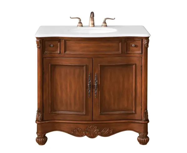 Dimensions
Length: 36"
Width: 21.5"
Height: 35"
Counter Top Length: 36"
Counter Top Width: 21.5"
Counter Top Height: 0.75"
Sink Width: 15.5"
Sink Depth: 12.25"
Sink Height: 7"
Sink Drain Hole Size: 1.75"
Faucet Hole Spacing: 8"3 Holes"
Specifications
Assembly Required: no
Base Material: Solid wood and MDF
Counter Top Edge Style: Ogee
Counter Top Finish: Ivory white
Distressed Finish: Yes
Finish (Color): Brown
Fixture Material: Solid Wood and MDF
Hardware Finish: Antique bronze
Harware Material: Aluminum alloy
Number of Faucet Holes: 3
Number of Sinks: 1
Product Shape: Rectangle
Product Type: Bathroom Vanities
Product Warranty: 1 year limited
Sink Mounting Type: Undermount
Vanity Backsplash: NO
Vanity Mounting Type: Free-Standing
Weight: 134
Wire Included: No
Wood Type: birch
Shipment type: LTL
US Shipping Cost: $165.00
Drawers
Drawers Included: yes
Number of Drawers: 2
Drawer Width: 5.25
Drawer Depth: 16
Drawer Height: 4.25
Drawer Handle Designs: knobs
Shelves
Number of Shelves: 1
Shelf Width: 28.75
Cabinets
Number of Cabinets: 1
Cabinet Interior Width: 28.75
Cabinet Interior Depth: 17
Cabinet Interior Height: 19.75