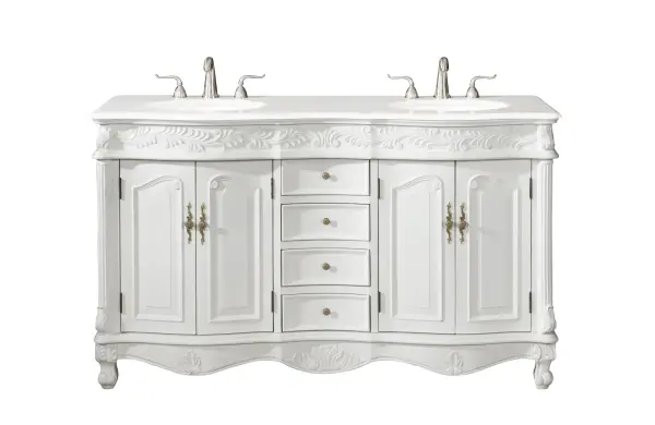 Dimensions
Length: 60"
Width: 22"
Height: 36"
Counter Top Length: 60"
Counter Top Width: 22"
Counter Top Height: 0.75"
Sink Width: 16"
Sink Depth: 13"
Sink Height: 7"
Sink Drain Hole Size: 1.75"
Faucet Hole Spacing: 8"3 Holes"
Specifications
Assembly Required: no
Base Material: Solid wood and MDF
Counter Top Edge Style: Ogee
Counter Top Finish: Ivory white
Distressed Finish: Yes
Finish (Color): Antique White
Fixture Material: Solid Wood and MDF
Hardware Finish: Antique bronze
Harware Material: Aluminum alloy
Number of Faucet Holes: 6
Number of Sinks: 2
Product Shape: Rectangle
Product Type: Bathroom Vanities
Product Warranty: 1 year limited
Sink Mounting Type: Undermount
Vanity Backsplash: NO
Vanity Mounting Type: Free-Standing
Weight: 224
Wire Included: No
Wood Type: birch
Shipment type: LTL
US Shipping Cost: $278.00
Drawers
Drawers Included: yes
Number of Drawers: 4
Drawer Width: 11.5
Drawer Depth: 15
Drawer Height: 4.875
Drawer Handle Designs: knobs
Shelves
Number of Shelves: 2
Shelf Width: 21
Cabinets
Number of Cabinets: 2
Cabinet Interior Width: 21
Cabinet Interior Depth: 16
Cabinet Interior Height: 21.5