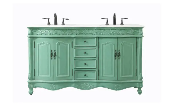Dimensions
Length: 60"
Width: 22"
Height: 36"
Counter Top Length: 60"
Counter Top Width: 22"
Counter Top Height: 0.75"
Sink Width: 16"
Sink Depth: 13"
Sink Height: 7"
Sink Drain Hole Size: 1.75"
Faucet Hole Spacing: 8"3 Holes"
Specifications
Assembly Required: no
Base Material: Solid wood and MDF
Counter Top Edge Style: Ogee
Counter Top Finish: Ivory white
Distressed Finish: Yes
Finish (Color): Vintage Mint
Fixture Material: Solid Wood and MDF
Hardware Finish: Antique bronze
Harware Material: Aluminum alloy
Number of Faucet Holes: 6
Number of Sinks: 2
Product Shape: Rectangle
Product Type: Bathroom Vanities
Product Warranty: 1 year limited
Sink Mounting Type: Undermount
Vanity Backsplash: NO
Vanity Mounting Type: Free-Standing
Weight: 224
Wire Included: No
Wood Type: birch
Shipment type: LTL
US Shipping Cost: $278.00
Drawers
Drawers Included: yes
Number of Drawers: 4
Drawer Width: 11.5
Drawer Depth: 15
Drawer Height: 4.875
Drawer Handle Designs: knobs
Shelves
Number of Shelves: 2
Shelf Width: 21
Cabinets
Number of Cabinets: 2
Cabinet Interior Width: 21
Cabinet Interior Depth: 16
Cabinet Interior Height: 21.5
