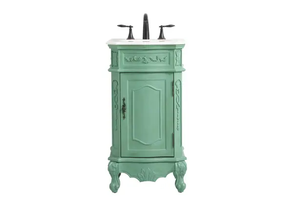 Dimensions
Length: 19"
Width: 19"
Height: 36"
Counter Top Length: 19"
Counter Top Width: 19"
Counter Top Height: 0.75"
Sink Width: 12.86"
Sink Depth: 10.86"
Sink Height: 7"
Sink Drain Hole Size: 1.75"
Faucet Hole Spacing: 8"3 Holes"
Specifications
Assembly Required: no
Base Material: Solid wood and MDF
Counter Top Edge Style: Ogee
Counter Top Finish: Ivory white
Distressed Finish: Yes
Finish (Color): Vintage Mint
Fixture Material: Solid Wood and MDF
Hardware Finish: Antique bronze
Harware Material: Aluminum alloy
Number of Faucet Holes: 3
Number of Sinks: 1
Product Shape: Rectangle
Product Type: Bathroom Vanities
Product Warranty: 1 year limited
Sink Mounting Type: Undermount
Vanity Backsplash: NO
Vanity Mounting Type: Free-Standing
Weight: 66
Wire Included: No
Wood Type: birch
Shipment type: Oversized Ground
US Shipping Cost: $118.00
Shelves
Number of Shelves: 1
Shelf Width: 12.875
Cabinets
Number of Cabinets: 1
Cabinet Interior Width: 12.875
Cabinet Interior Depth: 15.5
Cabinet Interior Height: 19.75