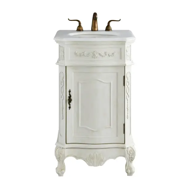 Dimensions
Length: 21"
Width: 19"
Height: 36"
Counter Top Length: 21"
Counter Top Width: 19"
Counter Top Height: 0.75"
Sink Width: 12.86"
Sink Depth: 10.86"
Sink Height: 7"
Sink Drain Hole Size: 1.75"
Faucet Hole Spacing: 8"3 Holes"
Specifications
Assembly Required: no
Base Material: Solid wood and MDF
Counter Top Edge Style: Ogee
Counter Top Finish: Ivory white
Distressed Finish: Yes
Finish (Color): Antique White
Fixture Material: Solid Wood and MDF
Hardware Finish: Antique bronze
Harware Material: Aluminum alloy
Number of Faucet Holes: 3
Number of Sinks: 1
Product Shape: Rectangle
Product Type: Bathroom Vanities
Product Warranty: 1 year limited
Sink Mounting Type: Undermount
Vanity Backsplash: NO
Vanity Mounting Type: Free-Standing
Weight: 70
Wire Included: No
Wood Type: birch
Shipment type: Oversized Ground
US Shipping Cost: $120.00
Shelves
Number of Shelves: 1
Shelf Width: 14.875
Cabinets
Number of Cabinets: 1
Cabinet Interior Width: 14.875
Cabinet Interior Depth: 15.5
Cabinet Interior Height: 19.75
