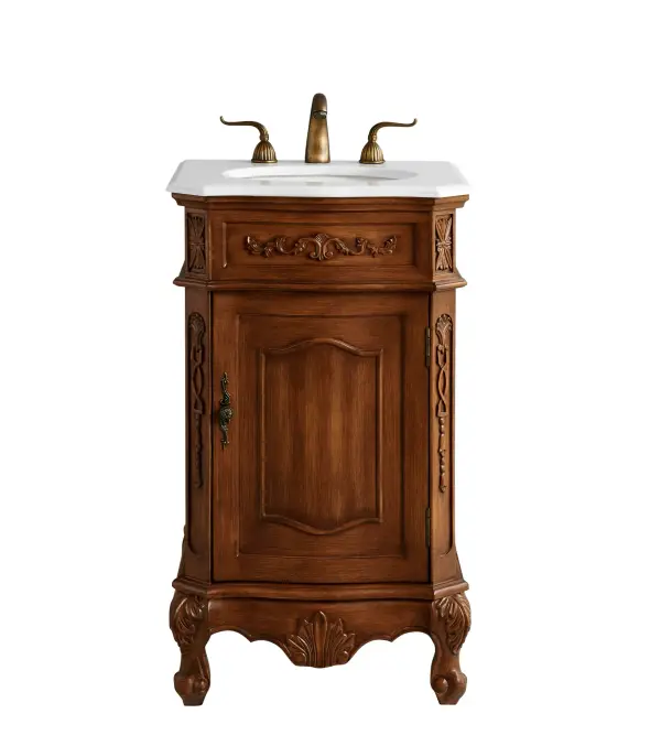 Dimensions
Length: 21"
Width: 19"
Height: 36"
Counter Top Length: 21"
Counter Top Width: 19"
Counter Top Height: 0.75"
Sink Width: 12.86"
Sink Depth: 10.86"
Sink Height: 7"
Sink Drain Hole Size: 1.75"
Faucet Hole Spacing: 8"3 Holes"
Specifications
Assembly Required: no
Base Material: Solid wood and MDF
Counter Top Edge Style: Ogee
Counter Top Finish: Ivory white
Distressed Finish: Yes
Finish (Color): Teak
Fixture Material: Solid Wood and MDF
Hardware Finish: Antique bronze
Harware Material: Aluminum alloy
Number of Faucet Holes: 3
Number of Sinks: 1
Product Shape: Rectangle
Product Type: Bathroom Vanities
Product Warranty: 1 year limited
Sink Mounting Type: Undermount
Vanity Backsplash: NO
Vanity Mounting Type: Free-Standing
Weight: 70
Wire Included: No
Wood Type: birch
Shipment type: Oversized Ground
US Shipping Cost: $120.00
Shelves
Number of Shelves: 1
Shelf Width: 14.875
Cabinets
Number of Cabinets: 1
Cabinet Interior Width: 14.875
Cabinet Interior Depth: 15.5
Cabinet Interior Height: 19.75