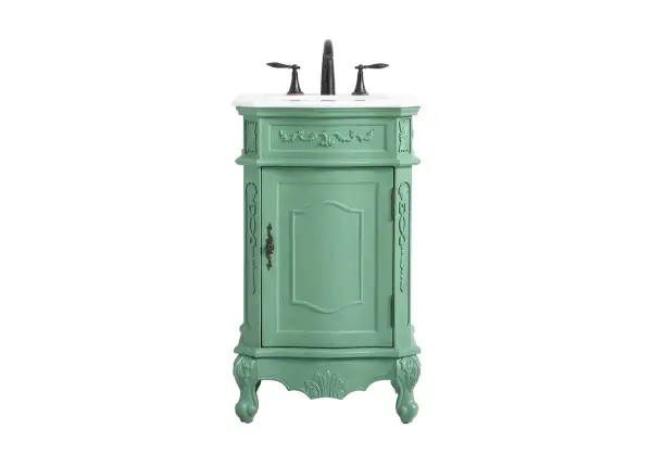 This superb balance of timeless tradition and opulent beauty in a engineered marble-topped vanity will certainly enhance the aesthetics of any home or office bathroom! Featuring an ivory white durable engineered marble countertop complimenting the hand painted cabinet with a delicate carved floral design, stands on stylishly carved solid wood French scroll feet. Don't let the design fool you, the engineered marble countertop and porcelain undermount sink allows for space to get ready, while the antique bronze hardware allows you to discover storage spaces with ease. You and your guests will marvel at this vanity that will both store away your bathroom essentials and enhance the aesthetics of your room. Collection: Danville Rooms: Bathroom Finish: Vintage mint Width: 19.00" Height: 36.00" Length: 21.00" Weight: 70.00 lb Material: Solid wood and MDF Country of Origin: Vietnam Manufacturer Warranty: 1 year limited