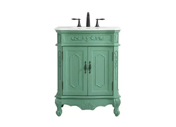 Dimensions
Length: 27"
Width: 21"
Height: 36"
Counter Top Length: 27"
Counter Top Width: 21"
Counter Top Height: 0.75"
Sink Width: 16"
Sink Depth: 13"
Sink Height: 7"
Sink Drain Hole Size: 1.75"
Faucet Hole Spacing: 8"3 Holes"
Specifications
Assembly Required: no
Base Material: Solid wood and MDF
Counter Top Edge Style: Ogee
Counter Top Finish: Ivory white
Distressed Finish: Yes
Finish (Color): Vintage Mint
Fixture Material: Solid Wood and MDF
Hardware Finish: Antique bronze
Harware Material: Aluminum alloy
Number of Faucet Holes: 3
Number of Sinks: 1
Product Shape: Rectangle
Product Type: Bathroom Vanities
Product Warranty: 1 year limited
Sink Mounting Type: Undermount
Vanity Backsplash: NO
Vanity Mounting Type: Free-Standing
Weight: 99
Wire Included: No
Wood Type: birch
LTL
US Shipping Cost: $142.00
Shelves
Number of Shelves: 1
Shelf Width: 20.5
Cabinets
Number of Cabinets: 1
Cabinet Interior Width: 20.5
Cabinet Interior Depth: 17
Cabinet Interior Height: 19.75