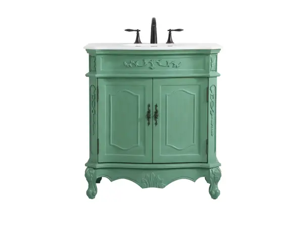 Dimensions
Length: 32"
Width: 21"
Height: 36"
Counter Top Length: 32"
Counter Top Width: 21"
Counter Top Height: 0.75"
Sink Width: 16"
Sink Depth: 13"
Sink Height: 7"
Sink Drain Hole Size: 1.75"
Faucet Hole Spacing: 8"3 Holes"
Specifications
Assembly Required: no
Base Material: Solid wood and MDF
Counter Top Edge Style: Ogee
Counter Top Finish: Ivory white
Distressed Finish: Yes
Finish (Color): Vintage Mint
Fixture Material: Solid Wood and MDF
Hardware Finish: Antique bronze
Harware Material: Aluminum alloy
Number of Faucet Holes: 3
Number of Sinks: 1
Product Shape: Rectangle
Product Type: Bathroom Vanities
Product Warranty: 1 year limited
Sink Mounting Type: Undermount
Vanity Backsplash: NO
Vanity Mounting Type: Free-Standing
Weight: 106
Wire Included: No
Wood Type: birch
Shipment type: LTL
US Shipping Cost: $142.00
Shelves
Number of Shelves: 1
Shelf Width: 25.5
Cabinets
Number of Cabinets: 1
Cabinet Interior Width: 25.5
Cabinet Interior Depth: 17
Cabinet Interior Height: 19.75