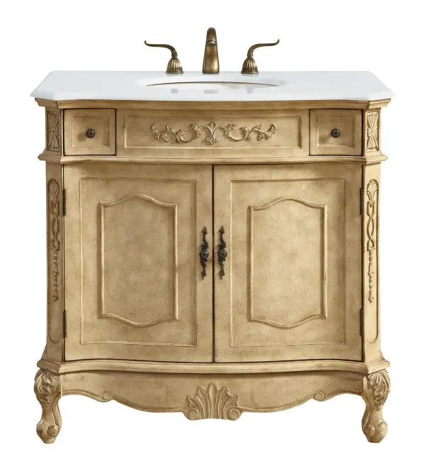 Dimensions
Length: 36"
Width: 21"
Height: 36"
Counter Top Length: 36"
Counter Top Width: 21"
Counter Top Height: 0.75"
Sink Width: 16"
Sink Depth: 13"
Sink Height: 7"
Sink Drain Hole Size: 1.75"
Faucet Hole Spacing: 8"3 Holes"
Specifications
Assembly Required: no
Base Material: Solid wood and MDF
Counter Top Edge Style: Ogee
Counter Top Finish: Ivory white
Distressed Finish: Yes
Finish (Color): Antique Beige
Fixture Material: Solid Wood and MDF
Hardware Finish: Antique bronze
Harware Material: Aluminum alloy
Number of Faucet Holes: 3
Number of Sinks: 1
Product Shape: Rectangle
Product Type: Bathroom Vanities
Product Warranty: 1 year limited
Sink Mounting Type: Undermount
Vanity Backsplash: NO
Vanity Mounting Type: Free-Standing
Weight: 121
Wire Included: No
Wood Type: birch
Shipment type: LTL
US Shipping Cost: $159.00
Drawers
Drawers Included: yes
Number of Drawers: 2
Drawer Width: 5.25
Drawer Depth: 14
Drawer Height: 4.25
Drawer Handle Designs: knobs
Shelves
Number of Shelves: 1
Shelf Width: 28.75
Cabinets
Number of Cabinets: 1
Cabinet Interior Width: 28.75
Cabinet Interior Depth: 17
Cabinet Interior Height: 19.75