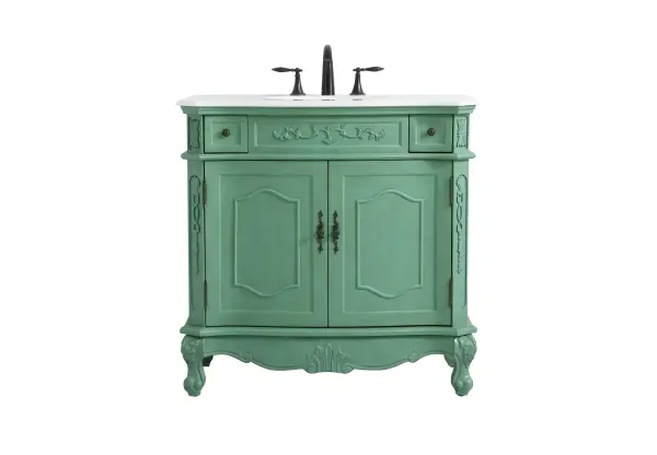 Dimensions
Length: 36"
Width: 21"
Height: 36"
Counter Top Length: 36"
Counter Top Width: 21"
Counter Top Height: 0.75"
Sink Width: 16"
Sink Depth: 13"
Sink Height: 7"
Sink Drain Hole Size: 1.75"
Faucet Hole Spacing: 8"3 Holes"
Specifications
Assembly Required: no
Base Material: Solid wood and MDF
Counter Top Edge Style: Ogee
Counter Top Finish: Ivory white
Distressed Finish: Yes
Finish (Color): Vintage Mint
Fixture Material: Solid Wood and MDF
Hardware Finish: Antique bronze
Harware Material: Aluminum alloy
Number of Faucet Holes: 3
Number of Sinks: 1
Product Shape: Rectangle
Product Type: Bathroom Vanities
Product Warranty: 1 year limited
Sink Mounting Type: Undermount
Vanity Backsplash: NO
Vanity Mounting Type: Free-Standing
Weight: 121
Wire Included: No
Wood Type: birch
Shipment type: LTL
US Shipping Cost: $159.00
Drawers
Drawers Included: yes
Number of Drawers: 2
Drawer Width: 5.25
Drawer Depth: 14
Drawer Height: 4.25
Drawer Handle Designs: knobs
Shelves
Number of Shelves: 1
Shelf Width: 28.75
Cabinets
Number of Cabinets: 1
Cabinet Interior Width: 28.75
Cabinet Interior Depth: 17
Cabinet Interior Height: 19.75