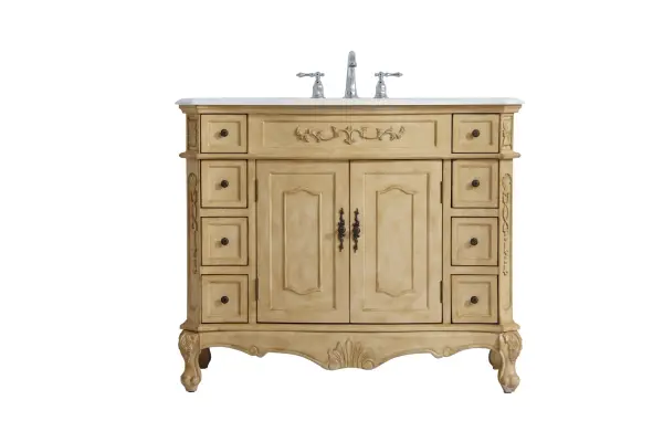 Dimensions
Length: 42"
Width: 21"
Height: 36"
Counter Top Length: 42"
Counter Top Width: 21"
Counter Top Height: 0.75"
Sink Width: 16"
Sink Depth: 13"
Sink Height: 7"
Sink Drain Hole Size: 1.75"
Faucet Hole Spacing: 8"3 Holes"
Specifications
Assembly Required: no
Base Material: Solid wood and MDF
Counter Top Edge Style: Ogee
Counter Top Finish: Ivory white
Distressed Finish: Yes
Finish (Color): Antique Beige
Fixture Material: Solid Wood and MDF
Hardware Finish: Antique bronze
Harware Material: Aluminum alloy
Number of Faucet Holes: 3
Number of Sinks: 1
Product Shape: Rectangle
Product Type: Bathroom Vanities
Product Warranty: 1 year limited
Sink Mounting Type: Undermount
Vanity Backsplash: NO
Vanity Mounting Type: Free-Standing
Weight: 158
Wire Included: No
Wood Type: birch
Shipment type: LTL
US Shipping Cost: $182.00
Drawers
Drawers Included: yes
Number of Drawers: 8
Drawer Width: DW1:6
DW2:6
Drawer Depth: DW1:16
DW2:16
Drawer Height: DW1:6
DW2:4.5
Drawer Handle Designs: knobs
Shelves
Number of Shelves: 1
Shelf Width: 22
Cabinets
Number of Cabinets: 1
Cabinet Interior Width: 22
Cabinet Interior Depth: 17
Cabinet Interior Height: 19.75