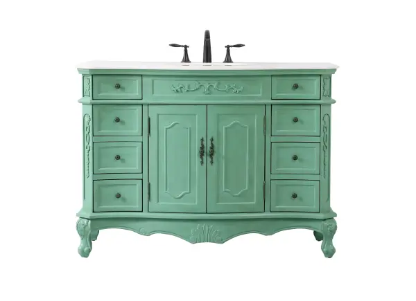 Dimensions
Length: 48"
Width: 21"
Height: 36"
Counter Top Length: 48"
Counter Top Width: 21"
Counter Top Height: 0.75"
Sink Width: 16"
Sink Depth: 13"
Sink Height: 7"
Sink Drain Hole Size: 1.75"
Faucet Hole Spacing: 8"3 Holes"
Specifications
Assembly Required: no
Base Material: Solid wood and MDF
Counter Top Edge Style: Ogee
Counter Top Finish: Ivory white
Distressed Finish: Yes
Finish (Color): Vintage Mint
Fixture Material: Solid Wood and MDF
Hardware Finish: Antique bronze
Harware Material: Aluminum alloy
Number of Faucet Holes: 3
Number of Sinks: 1
Product Shape: Rectangle
Product Type: Bathroom Vanities
Product Warranty: 1 year limited
Sink Mounting Type: Undermount
Vanity Backsplash: NO
Vanity Mounting Type: Free-Standing
Weight: 174
Wire Included: No
Wood Type: birch
Shipment type: LTL
US Shipping Cost: $206.00
Drawers
Drawers Included: yes
Number of Drawers: 8
Drawer Width: DW1:8.875
DW2:8.875
Drawer Depth: DW1:16
DW2:16
Drawer Height: DW1:4.375
DW2: 6
Drawer Handle Designs: knobs
Shelves
Number of Shelves: 1
Shelf Width: 21.75
Cabinets
Number of Cabinets: 1
Cabinet Interior Width: 21.75
Cabinet Interior Depth: 17
Cabinet Interior Height: 19.75